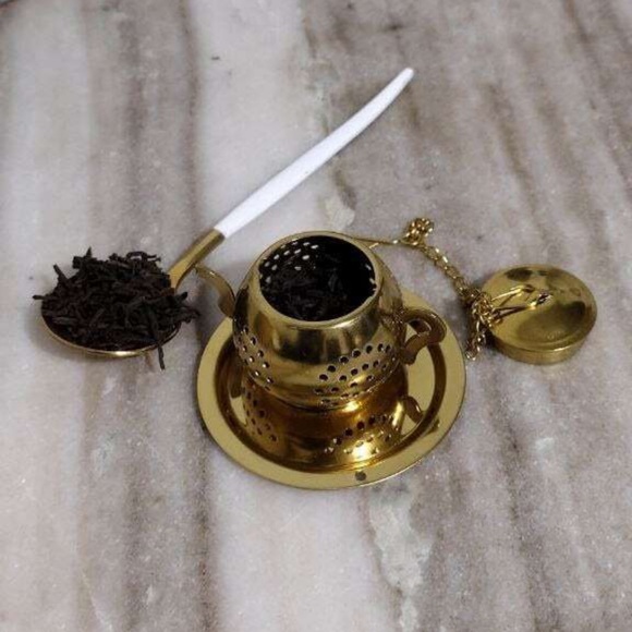 New Gold Stainless Steel Loose Leaf Tea Strainer Filter Chain Saucer Minimalist - Picture 14 of 16